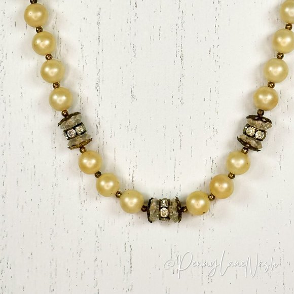 Vintage Pearl Chain w 3 Barrel Rhinestones Necklace - Picture 2 of 5